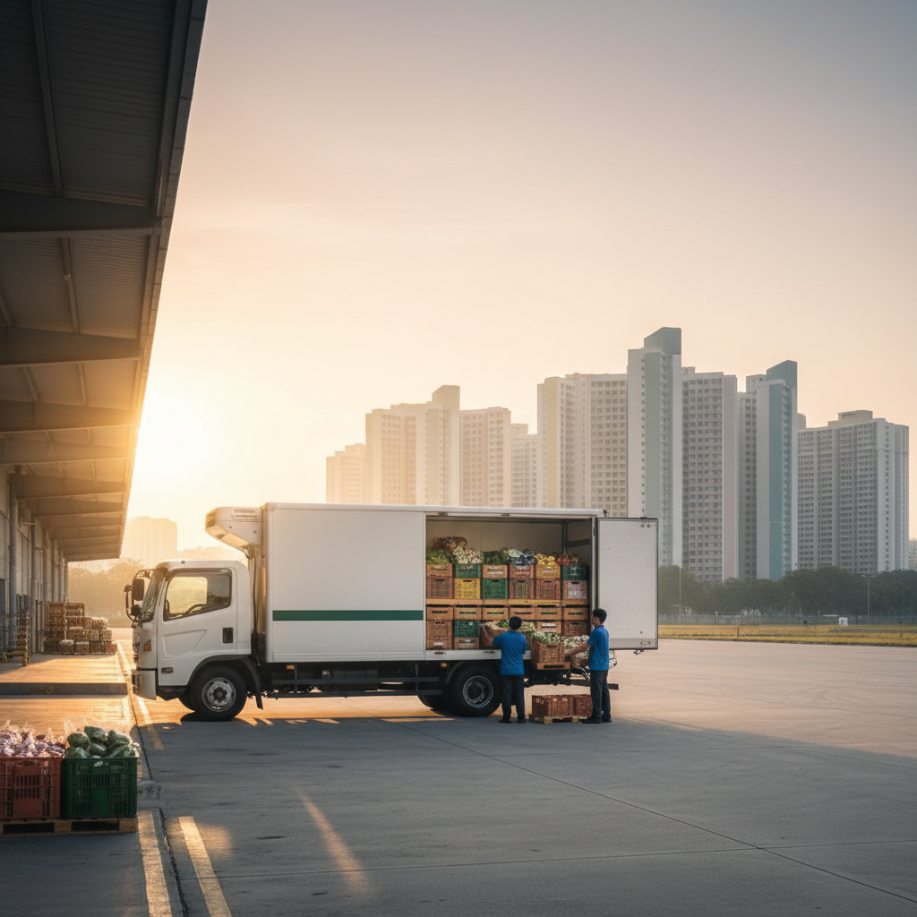 Delivery truck being loaded at dawn